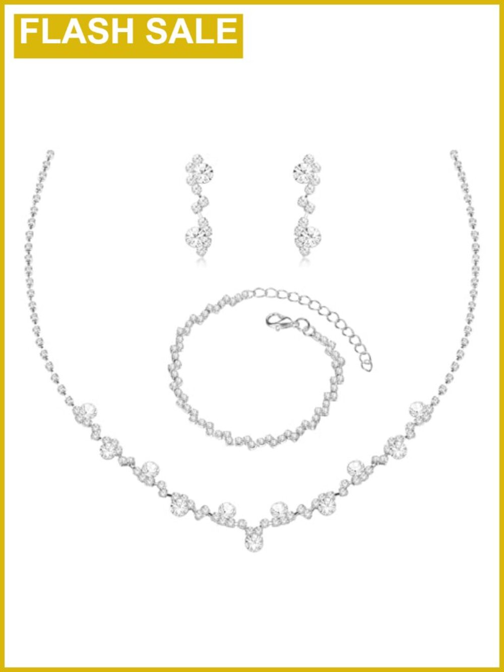 Rhinestone Crystal Necklace Earrings Bracelet Set Silver Jewelry for Women